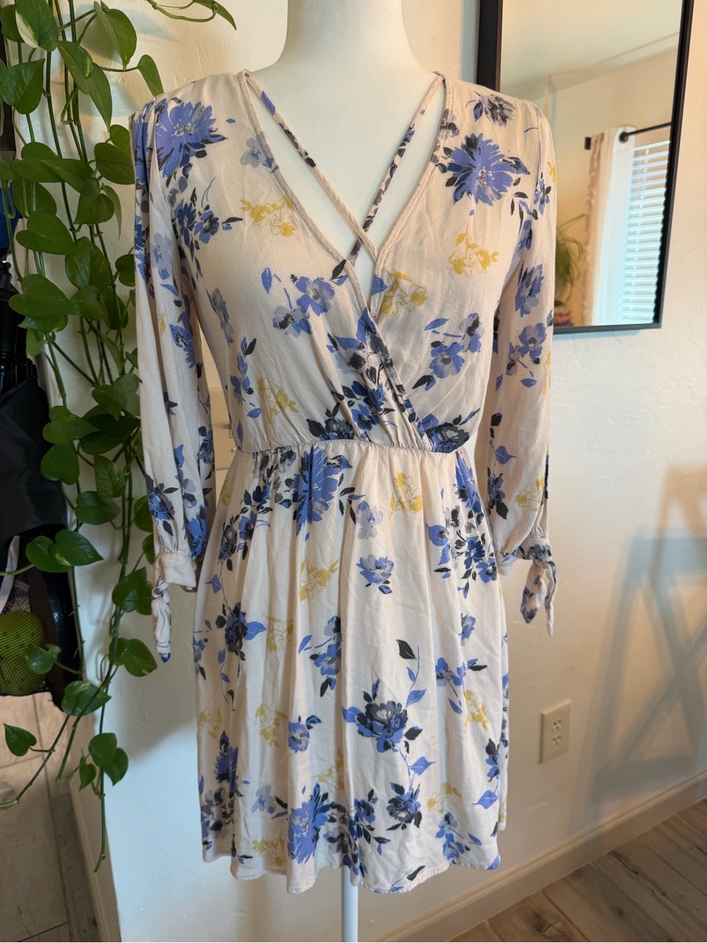 Lush Floral V-Neck Mini Dress in Cream with Blue Print